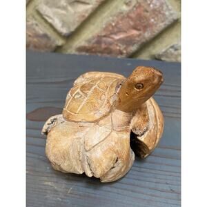 Vintage Hand Carved Parasite Wood Art Turtle‎  Sculpture Figurine , signed